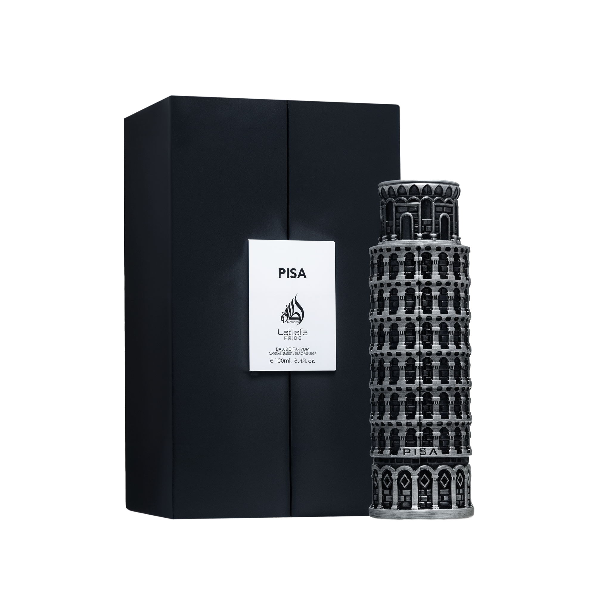 A tall, detailed perfume bottle shaped like the Leaning Tower of Pisa, featuring black and silver architectural accents, shown alongside a sleek black box labeled “PISA” and “Lattafa Pride” in white, indicating a 100ml Eau De Parfum