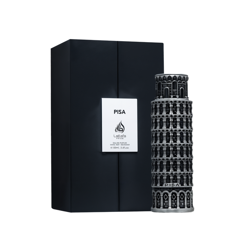 A tall, detailed perfume bottle shaped like the Leaning Tower of Pisa, featuring black and silver architectural accents, shown alongside a sleek black box labeled “PISA” and “Lattafa Pride” in white, indicating a 100ml Eau De Parfum