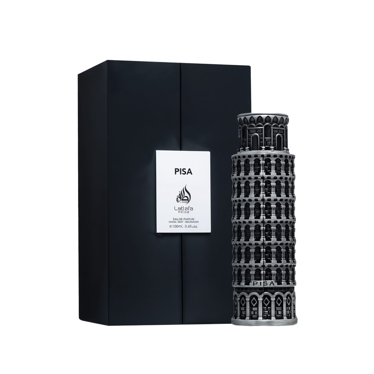 A tall, detailed perfume bottle shaped like the Leaning Tower of Pisa, featuring black and silver architectural accents, shown alongside a sleek black box labeled “PISA” and “Lattafa Pride” in white, indicating a 100ml Eau De Parfum