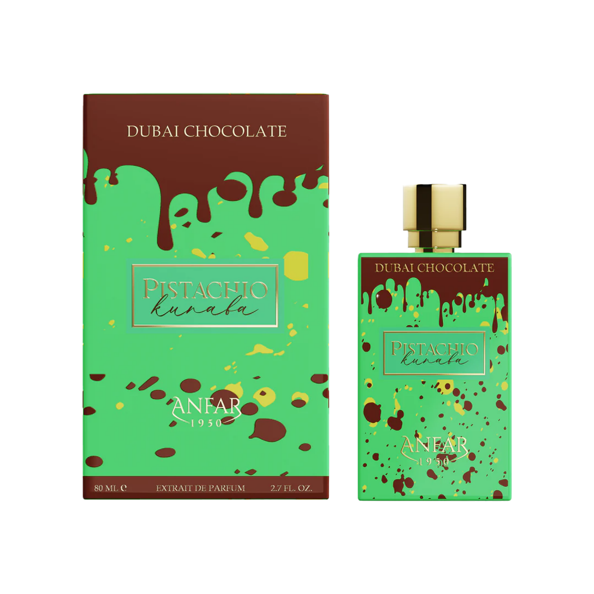 ANFAR Pistachio Kunafa Dubai Chocolate perfume bottle and packaging. 
