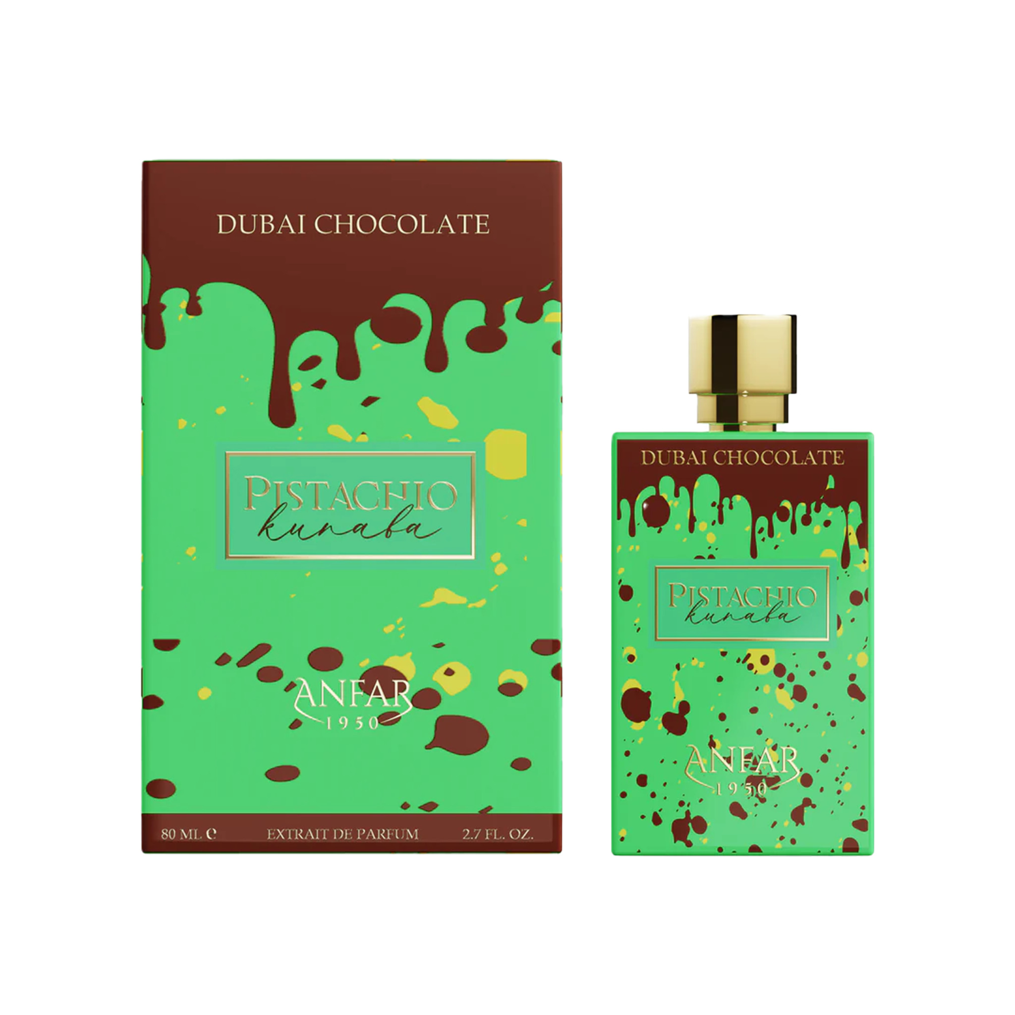ANFAR Pistachio Kunafa Dubai Chocolate perfume bottle and packaging. 