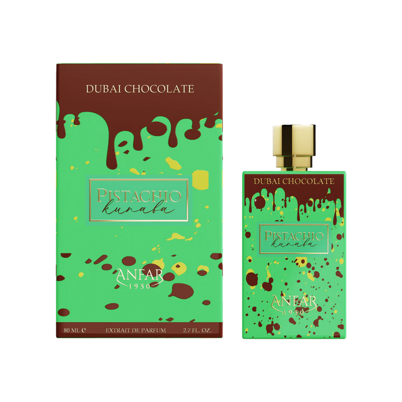 ANFAR Pistachio Kunafa Dubai Chocolate perfume bottle and packaging. 