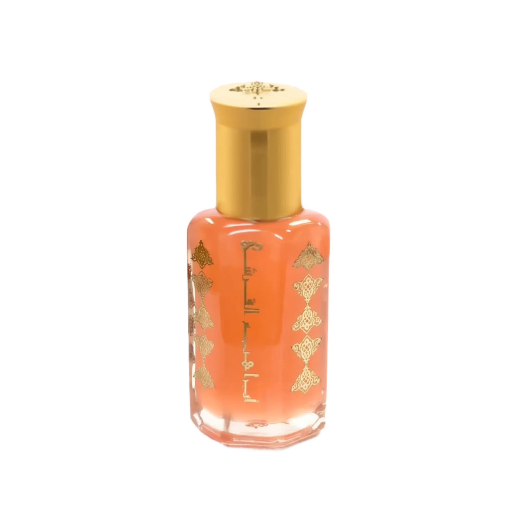 A transparent orange-hued bottle with a gold cap, decorated with golden Arabic calligraphy and intricate patterns. The design likely represents a scented oil or perfume, with the text and decorative elements suggesting a Middle Eastern origin or inspiration. The clear bottle allows the warm color of the liquid inside to be visible.