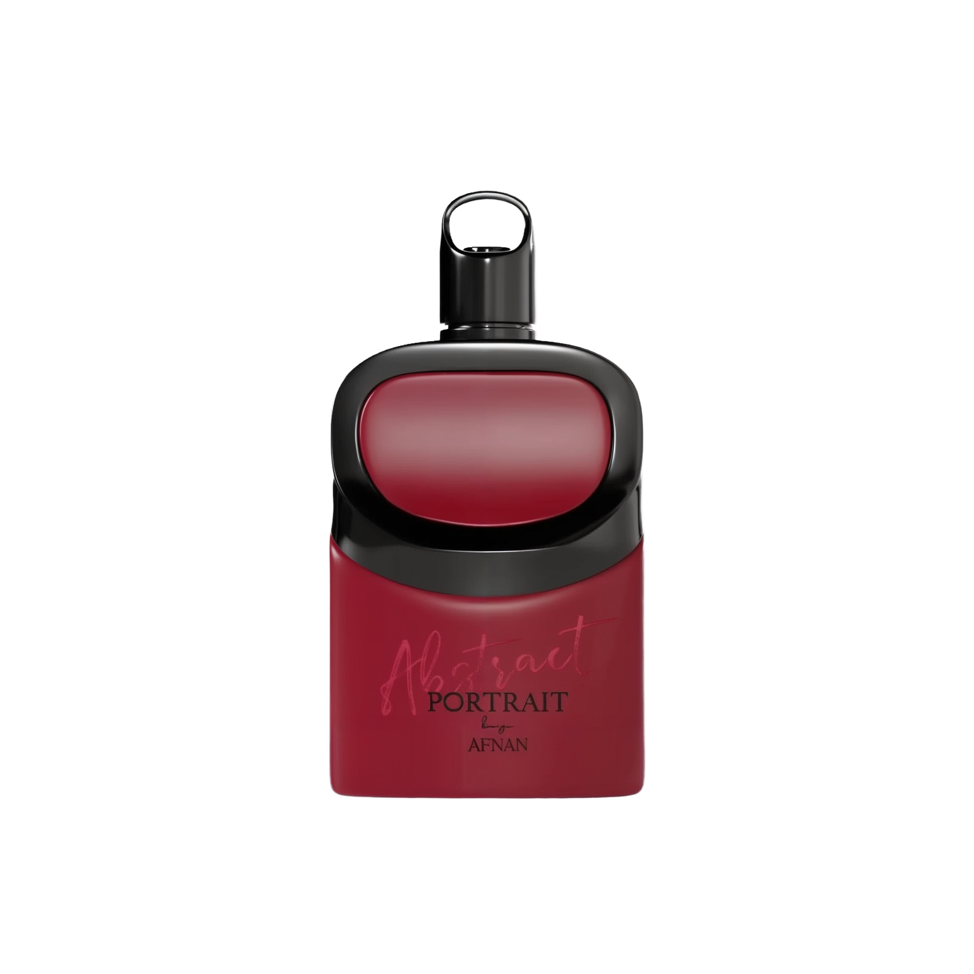 The image depicts a perfume bottle with a modern, minimalist design. The bottle is primarily deep red with a black cap and accent. The label on the front reads "Abstract Portrait" by Afnan. The bottle has a smooth, rounded shape with a matte finish, while the cap is glossy, creating a striking contrast. The overall look is sleek and contemporary, exuding a sense of elegance and sophistication.
