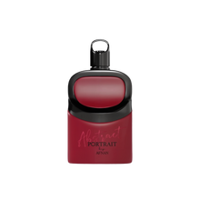 The image depicts a perfume bottle with a modern, minimalist design. The bottle is primarily deep red with a black cap and accent. The label on the front reads "Abstract Portrait" by Afnan. The bottle has a smooth, rounded shape with a matte finish, while the cap is glossy, creating a striking contrast. The overall look is sleek and contemporary, exuding a sense of elegance and sophistication.