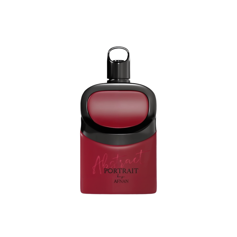 The image depicts a perfume bottle with a modern, minimalist design. The bottle is primarily deep red with a black cap and accent. The label on the front reads "Abstract Portrait" by Afnan. The bottle has a smooth, rounded shape with a matte finish, while the cap is glossy, creating a striking contrast. The overall look is sleek and contemporary, exuding a sense of elegance and sophistication.