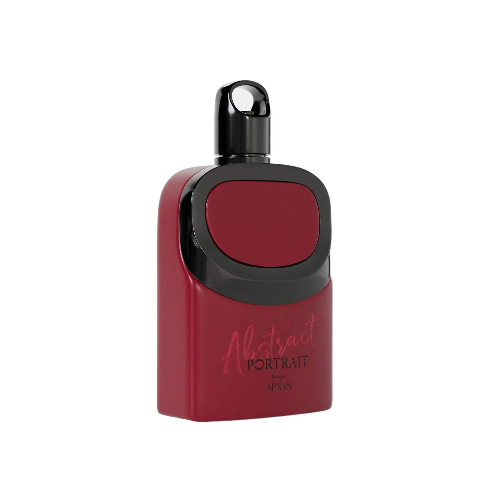 The image shows a sleek, modern perfume bottle in a deep red color with a black cap. The front of the bottle is labeled "Abstract Portrait" by Afnan. The design is minimalist, with smooth curves and a matte finish, giving it a sophisticated and contemporary look. The cap is a glossy black, contrasting with the matte red body of the bottle.