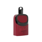 The image shows a sleek, modern perfume bottle in a deep red color with a black cap. The front of the bottle is labeled "Abstract Portrait" by Afnan. The design is minimalist, with smooth curves and a matte finish, giving it a sophisticated and contemporary look. The cap is a glossy black, contrasting with the matte red body of the bottle.