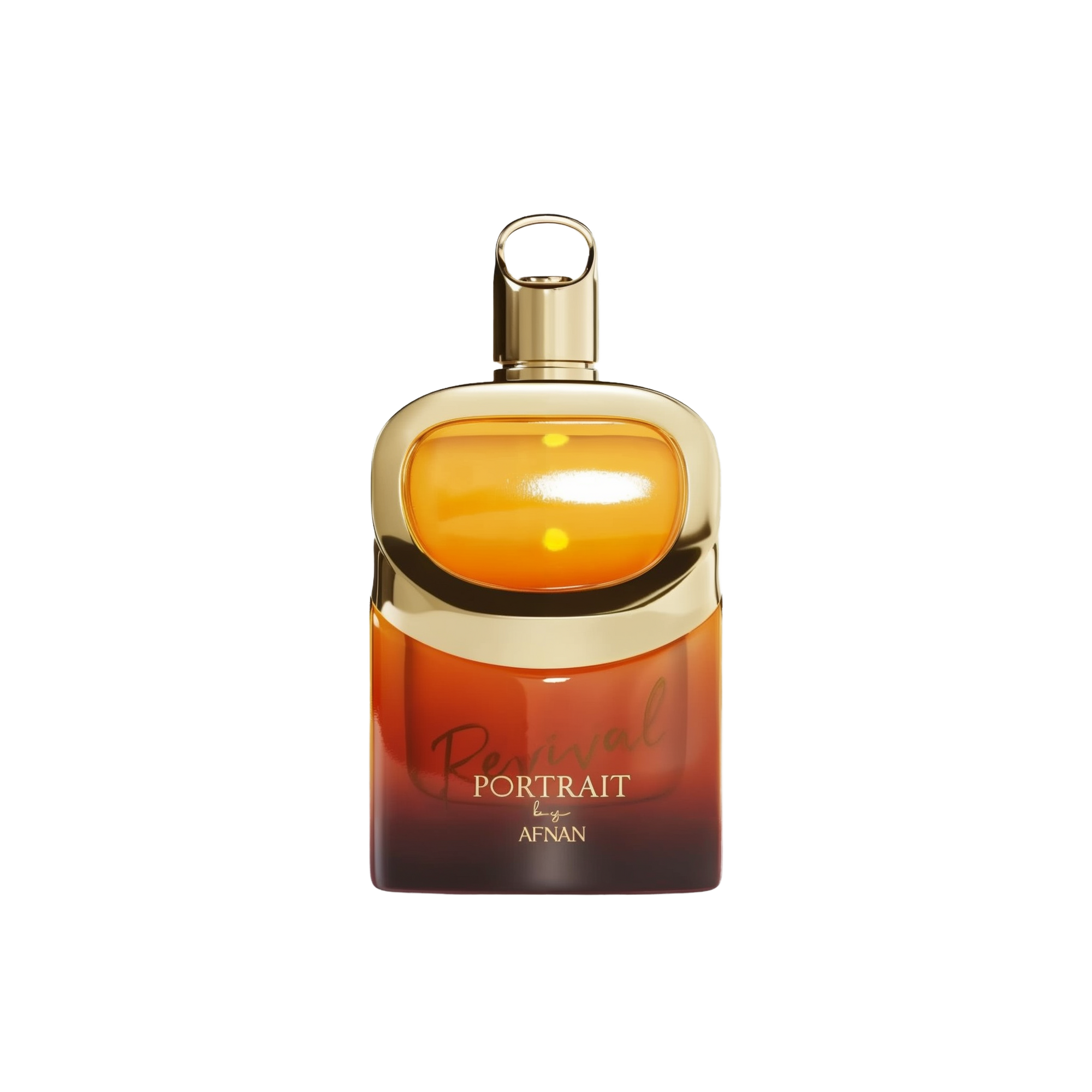 The image depicts a perfume bottle with a distinctive and modern design. The bottle features a gradient color transition from a warm amber at the top to a rich, dark orange at the bottom. The cap is gold and has an innovative loop on top, possibly for aesthetic appeal or functional use. On the front of the bottle, "Revival Portrait by AFNAN" is inscribed in elegant, cursive white lettering. 