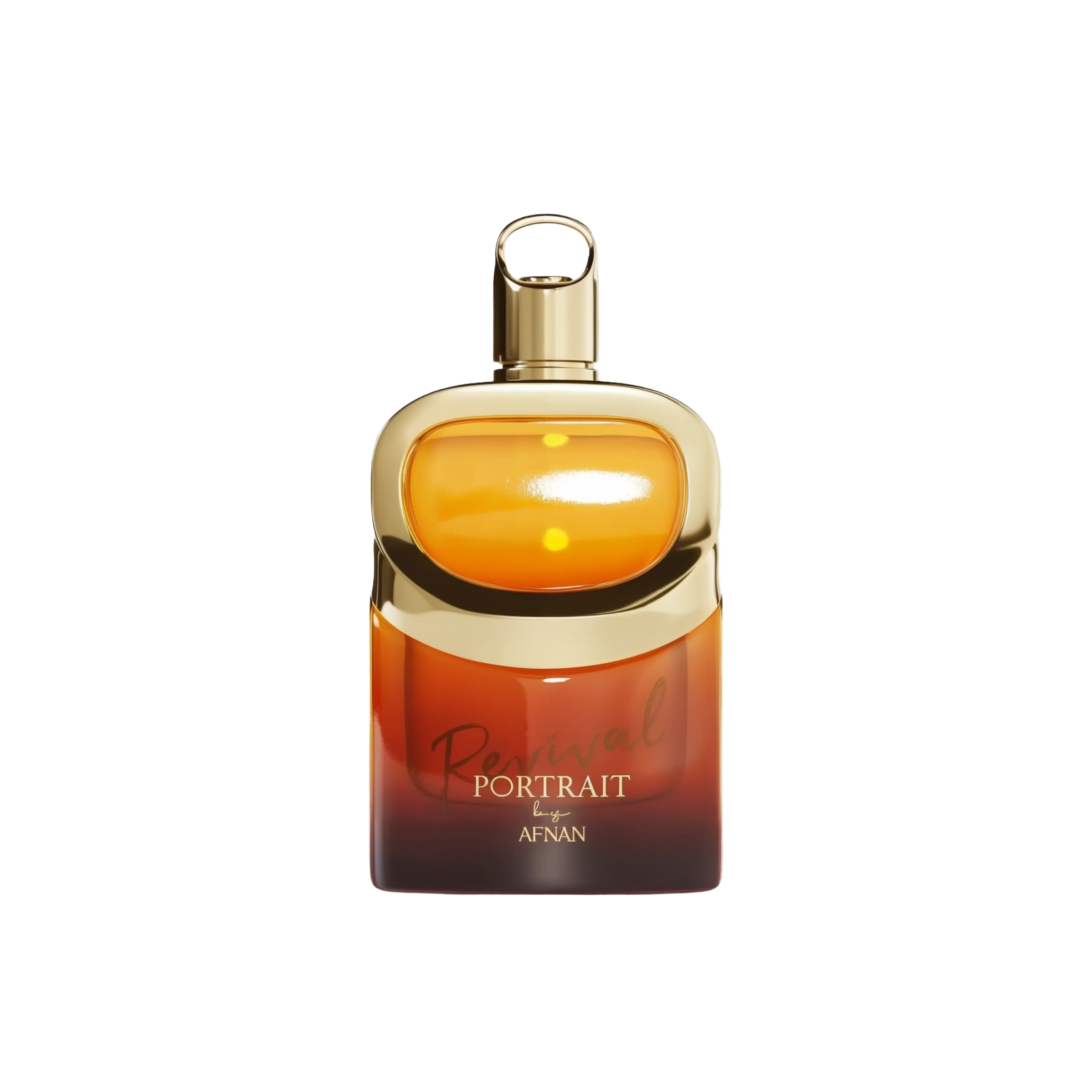 The image depicts a perfume bottle with a distinctive and modern design. The bottle features a gradient color transition from a warm amber at the top to a rich, dark orange at the bottom. The cap is gold and has an innovative loop on top, possibly for aesthetic appeal or functional use. On the front of the bottle, "Revival Portrait by AFNAN" is inscribed in elegant, cursive white lettering. 