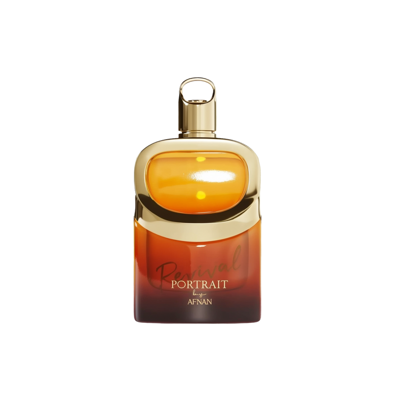 The image depicts a perfume bottle with a distinctive and modern design. The bottle features a gradient color transition from a warm amber at the top to a rich, dark orange at the bottom. The cap is gold and has an innovative loop on top, possibly for aesthetic appeal or functional use. On the front of the bottle, "Revival Portrait by AFNAN" is inscribed in elegant, cursive white lettering. 