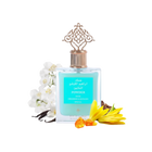  A product image showcasing a clear glass perfume bottle with a light blue liquid and a decorative gold-colored cap. The label is in both Arabic and English, reading "POWDER MUSK, IBRAHEEM ALQURASHI SPECIAL". Surrounding the bottle are white flowers, vanilla pods, and yellow flower petals, possibly signifying the scent notes of the perfume. The background is pure white, emphasizing the product.