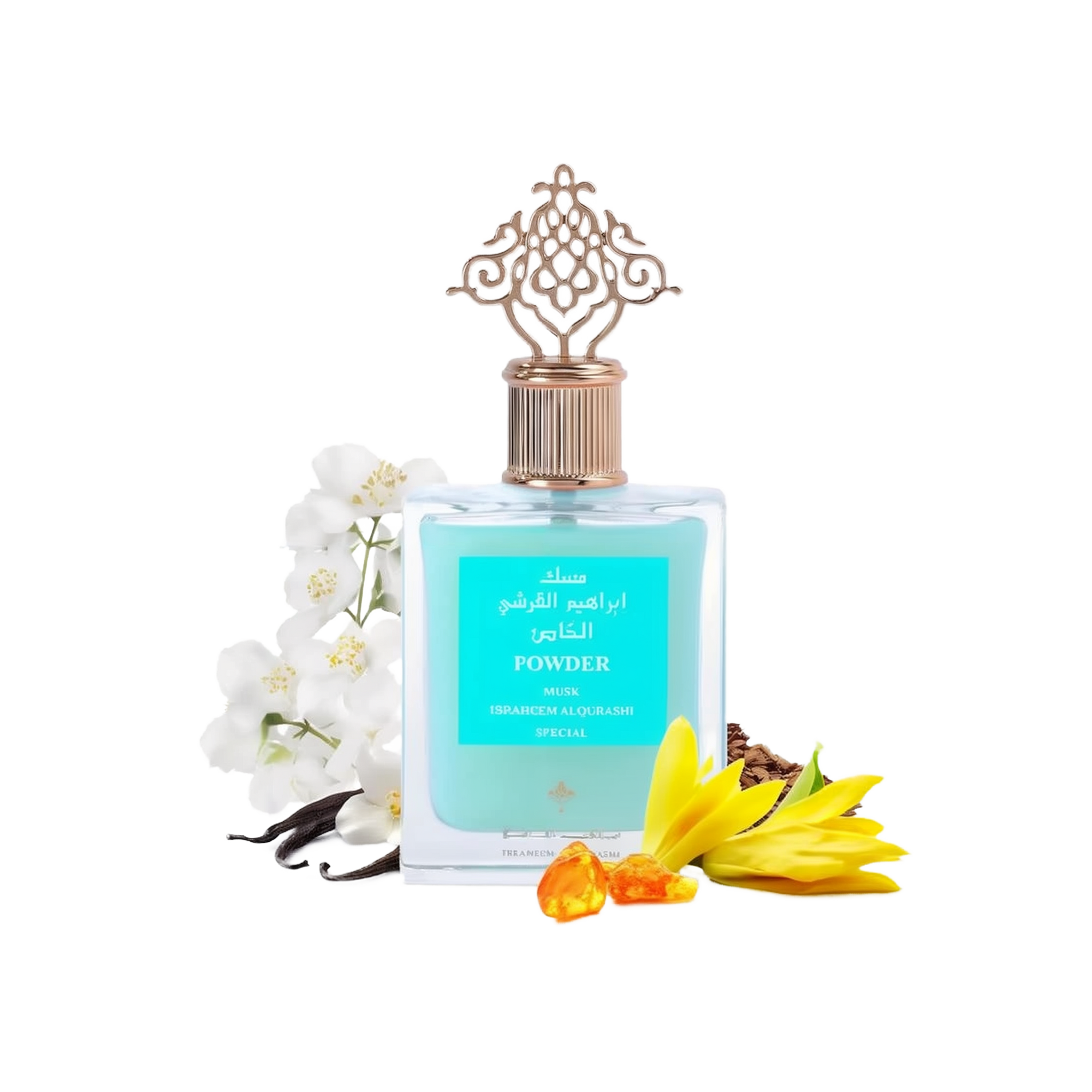  A product image showcasing a clear glass perfume bottle with a light blue liquid and a decorative gold-colored cap. The label is in both Arabic and English, reading "POWDER MUSK, IBRAHEEM ALQURASHI SPECIAL". Surrounding the bottle are white flowers, vanilla pods, and yellow flower petals, possibly signifying the scent notes of the perfume. The background is pure white, emphasizing the product.