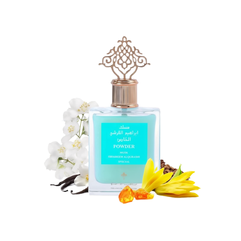  A product image showcasing a clear glass perfume bottle with a light blue liquid and a decorative gold-colored cap. The label is in both Arabic and English, reading "POWDER MUSK, IBRAHEEM ALQURASHI SPECIAL". Surrounding the bottle are white flowers, vanilla pods, and yellow flower petals, possibly signifying the scent notes of the perfume. The background is pure white, emphasizing the product.