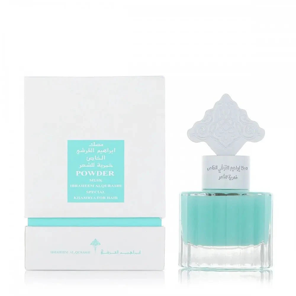 The image displays a perfume or hair mist bottle alongside its packaging. The bottle is transparent with a teal-colored liquid and features a distinctive white cap with an ornate, traditional design. The packaging is white with teal accents, and a central label that reads "POWDER MUSK" in English and Arabic. Additional text includes "IBRAHEEM AL QURASHI SPECIAL KHAMRIYA FOR HAIR."