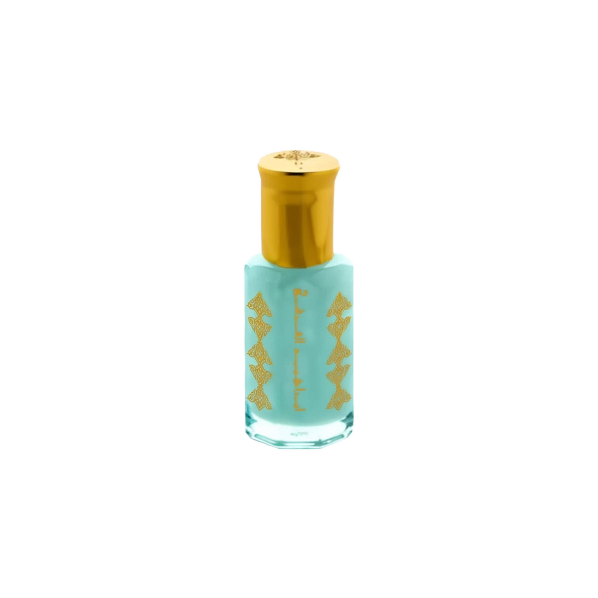 A small glass bottle with a light blue liquid is displayed against a white background. The bottle has a golden cap with a decorative pattern on top. On the side, there are gold-colored, ornamental designs and Arabic calligraphy, creating an elegant aesthetic. The simple backdrop accentuates the bottle's vibrant colors and intricate details.