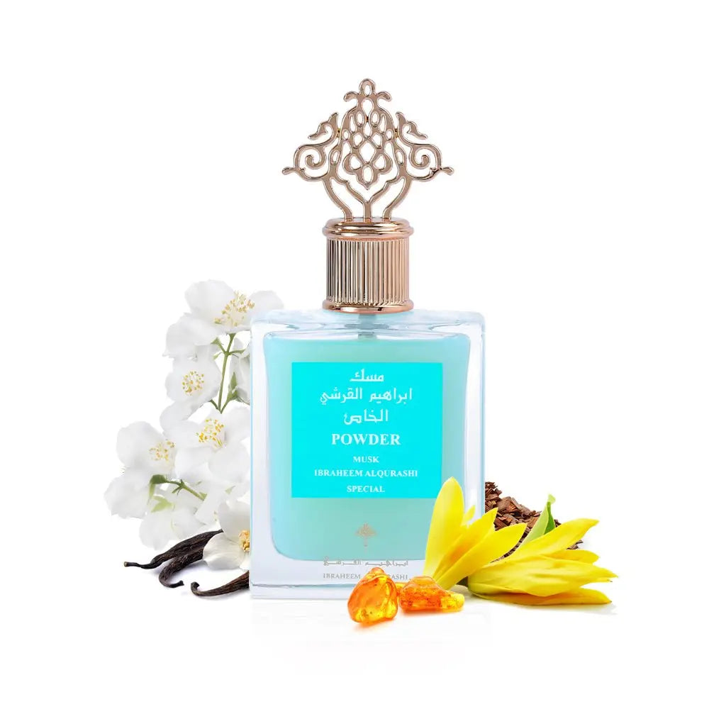  A product image showcasing a clear glass perfume bottle with a light blue liquid and a decorative gold-colored cap. The label is in both Arabic and English, reading "POWDER MUSK, IBRAHEEM ALQURASHI SPECIAL". Surrounding the bottle are white flowers, vanilla pods, and yellow flower petals, possibly signifying the scent notes of the perfume. The background is pure white, emphasizing the product.