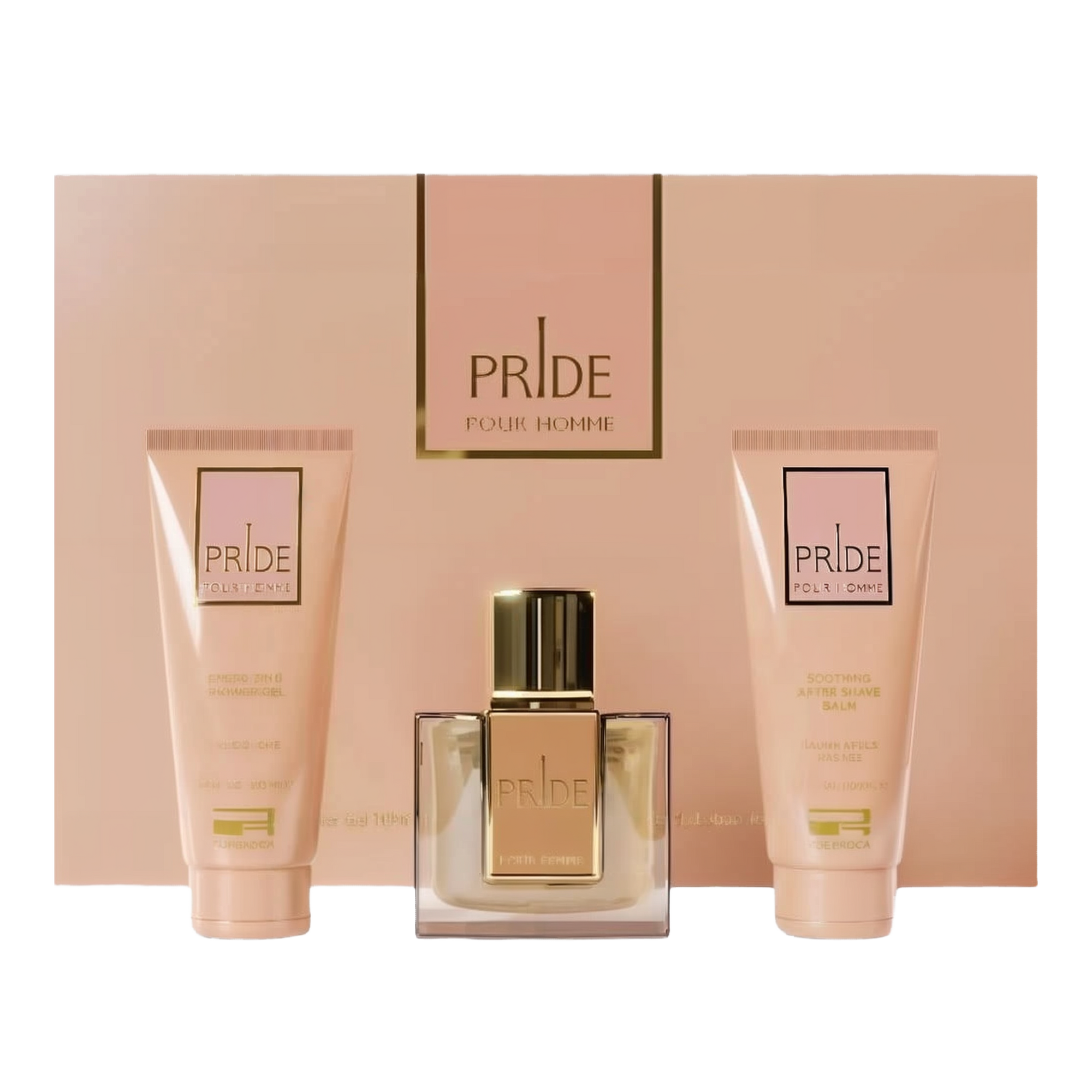 The image features a men's grooming set called "PRIDE POUR HOMME" by the brand Afnan. The set includes a clear square glass perfume bottle with a gold cap and a label in the center with the word "PRIDE" in bold letters. Flanking the perfume are two tubes, one labeled as "ENERGIZING SHOWER GEL" and the other as "SOOTHING AFTER SHAVE BALM," both in a coordinating soft peach color.