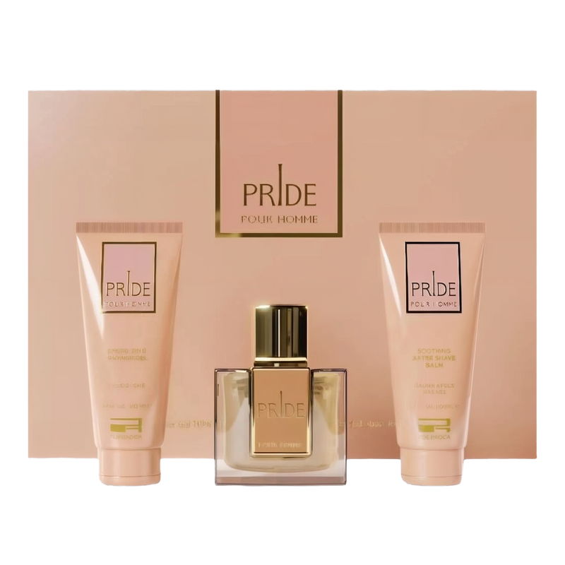 The image features a men's grooming set called "PRIDE POUR HOMME" by the brand Afnan. The set includes a clear square glass perfume bottle with a gold cap and a label in the center with the word "PRIDE" in bold letters. Flanking the perfume are two tubes, one labeled as "ENERGIZING SHOWER GEL" and the other as "SOOTHING AFTER SHAVE BALM," both in a coordinating soft peach color.