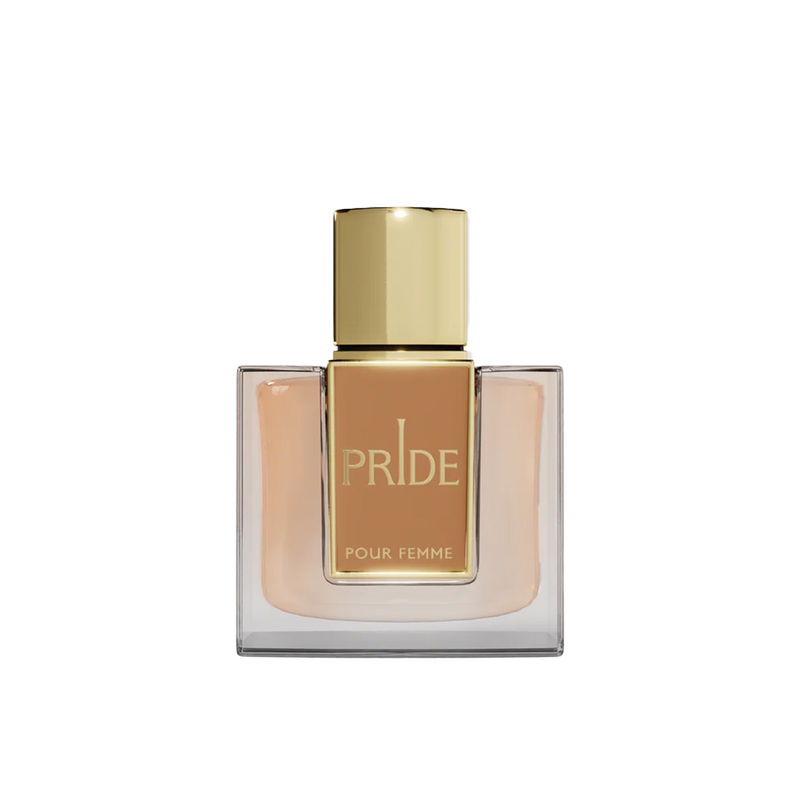 Pride Pour Femme perfume in elegant gold-capped bottle with warm amber fragrance.