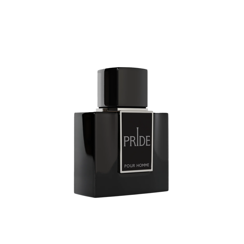 Pride Pour Homme perfume in sleek black rectangular bottle with matching cap.