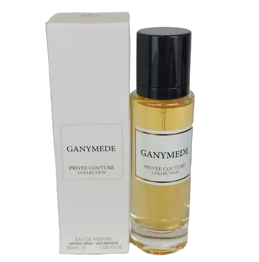 The product is "GANYMEDE PRIVEE COUTURE COLLECTION" perfume by Ard Al Zaafaran. It features a clear glass bottle with a black cap and a golden-colored liquid inside. The label on the bottle has the name "GANYMEDE" in bold, black letters above the line "PRIVEE COUTURE COLLECTION". Accompanying the bottle is its white packaging box, which also bears the fragrance name and collection in black font, along with the description "EAU DE PARFUM NATURAL SPRAY VAPORISATEUR 30ml e 1.02 FL.OZ." at the bottom.