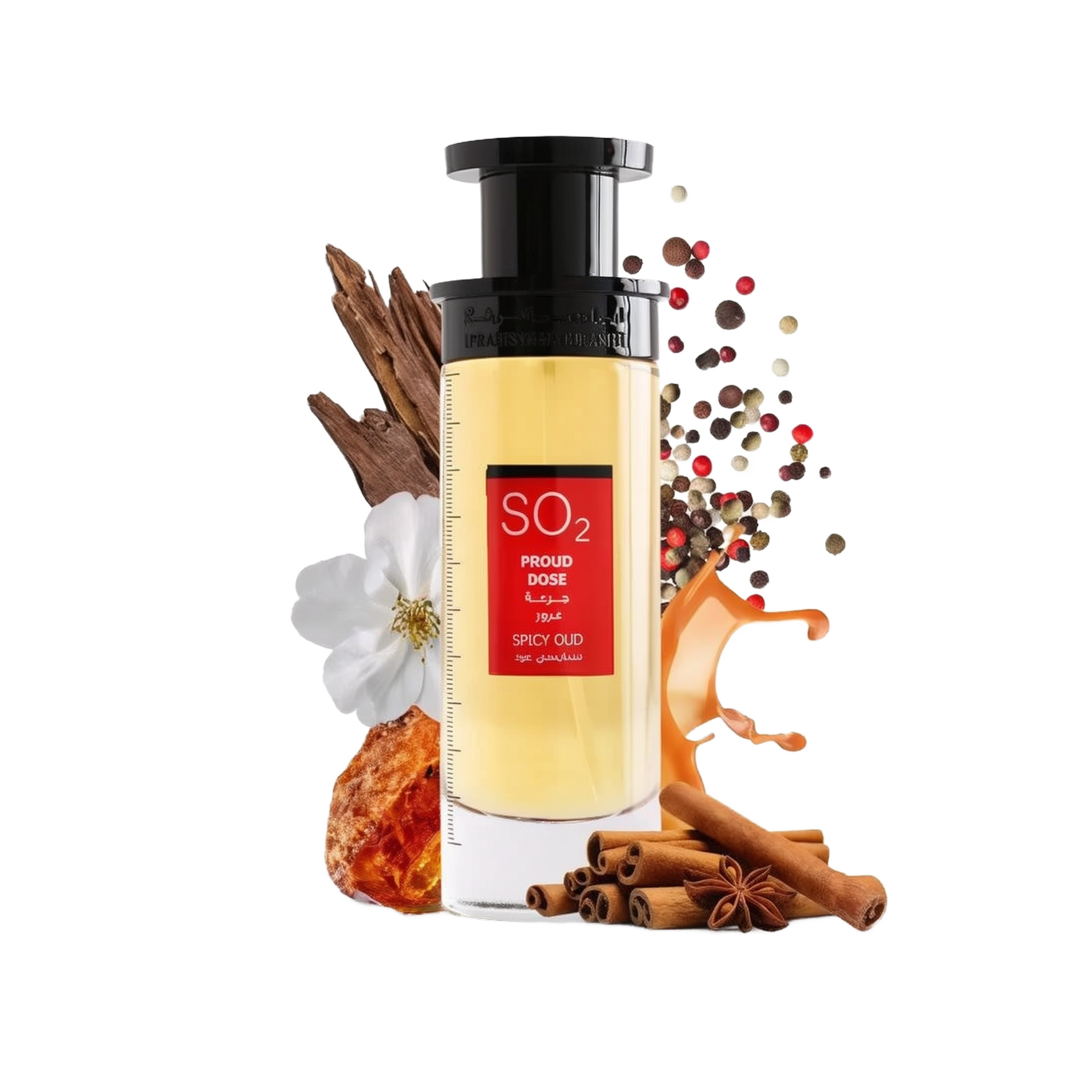 An image of a tall, rectangular perfume bottle with a yellow to amber gradient liquid and a black cap. The label has a prominent red rectangle with the text "SO2 PROUD DOSE SPICY OUD" in both English and Arabic. The product is presented with visual elements that suggest its fragrance notes: white flowers, cinnamon sticks, star anise, amber resin, and a sprinkle of multicolored peppercorns.