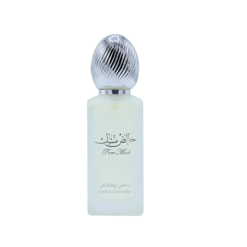  The image features a bottle of hair mist with a pastel-colored body, likely a frosted glass with a light blue tint. The cap is metallic silver with a ribbed texture, resembling a polished metal. On the bottle, there is Arabic calligraphy above the English words "Pure Musk." Below this, in a smaller font, the text "FRESH HAIR MIST" is visible. 