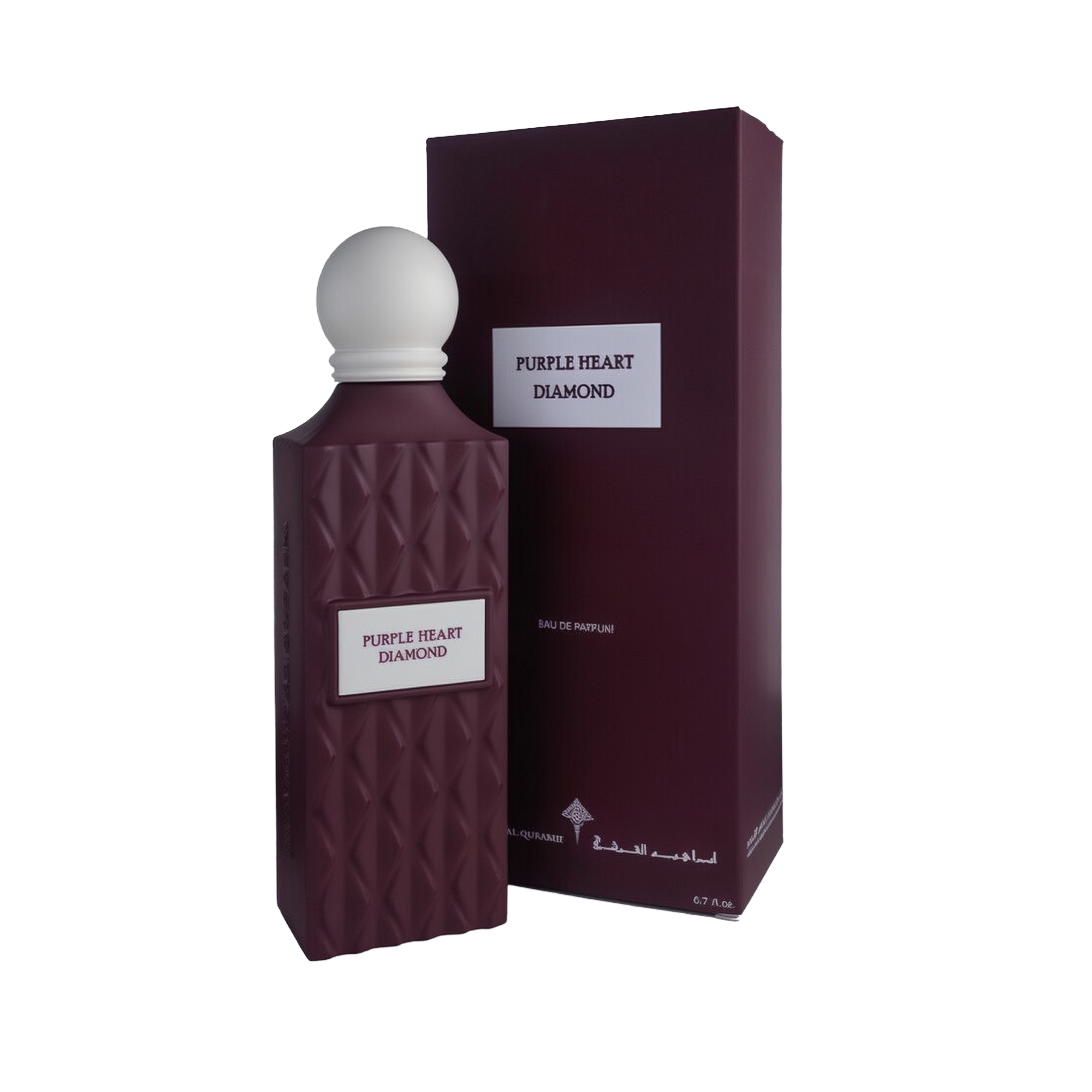 A regal bottle of Purple Heart Diamond Eau De Parfum by Ibraheem Al-Qurashi, displayed next to its matching box. The bottle features a deep plum-purple color with a quilted diamond texture and a rectangular white label with the name 'PURPLE HEART DIAMOND' in purple text. It is topped with a smooth, matte white spherical cap. The box shares the same rich purple tone and minimalist design, with the fragrance name printed on a white label on the front.