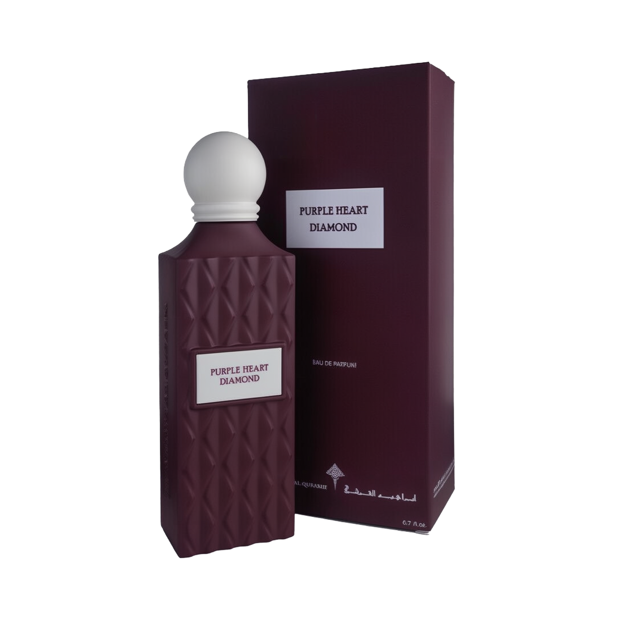 A regal bottle of Purple Heart Diamond Eau De Parfum by Ibraheem Al-Qurashi, displayed next to its matching box. The bottle features a deep plum-purple color with a quilted diamond texture and a rectangular white label with the name 'PURPLE HEART DIAMOND' in purple text. It is topped with a smooth, matte white spherical cap. The box shares the same rich purple tone and minimalist design, with the fragrance name printed on a white label on the front.