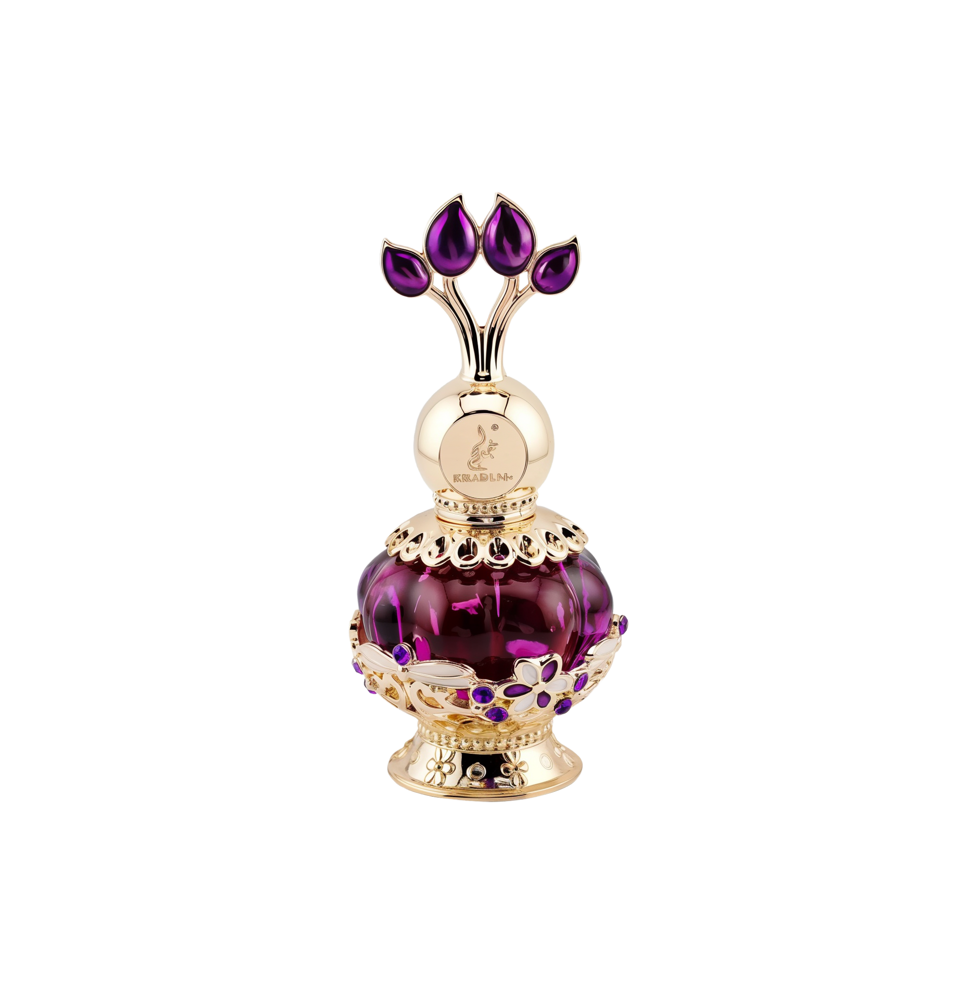 An elegant purple perfume bottle with a gold ornate cap featuring purple gemstone accents, displayed next to a luxurious purple box adorned with gold floral patterns and the text 'Purple Musk' in gold letters.