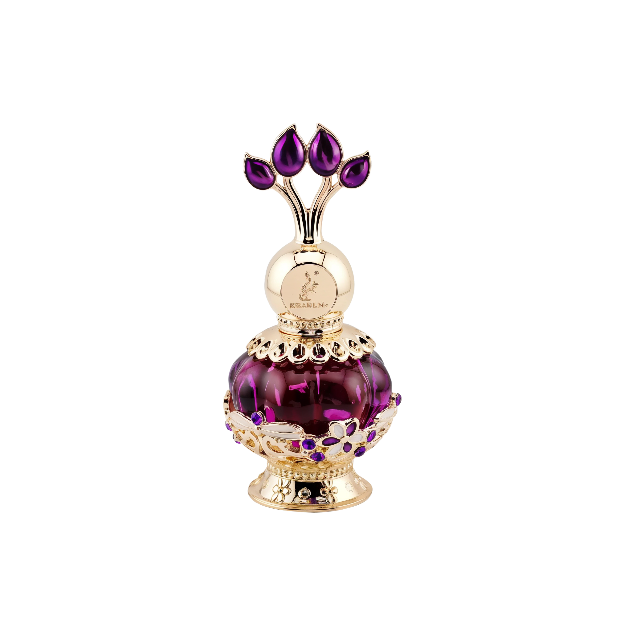 An elegant purple perfume bottle with a gold ornate cap featuring purple gemstone accents, displayed next to a luxurious purple box adorned with gold floral patterns and the text 'Purple Musk' in gold letters.