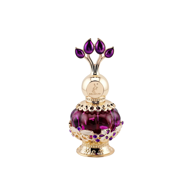 An elegant purple perfume bottle with a gold ornate cap featuring purple gemstone accents, displayed next to a luxurious purple box adorned with gold floral patterns and the text 'Purple Musk' in gold letters.