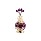 An elegant purple perfume bottle with a gold ornate cap featuring purple gemstone accents, displayed next to a luxurious purple box adorned with gold floral patterns and the text 'Purple Musk' in gold letters.