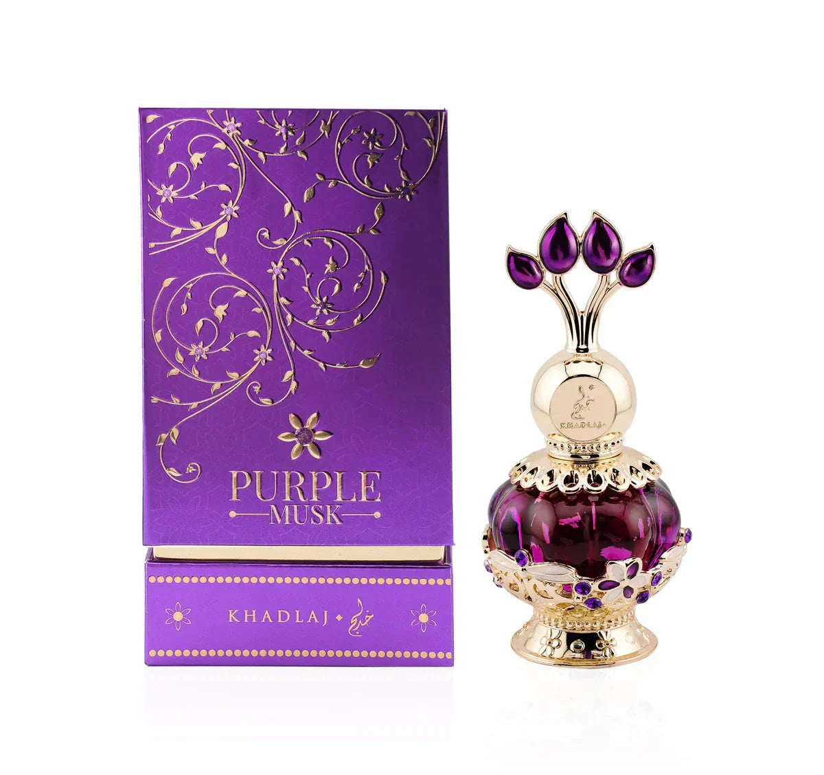 A luxurious purple perfume bottle with a gold ornate cap featuring purple gemstone accents, showcasing its intricate and regal design