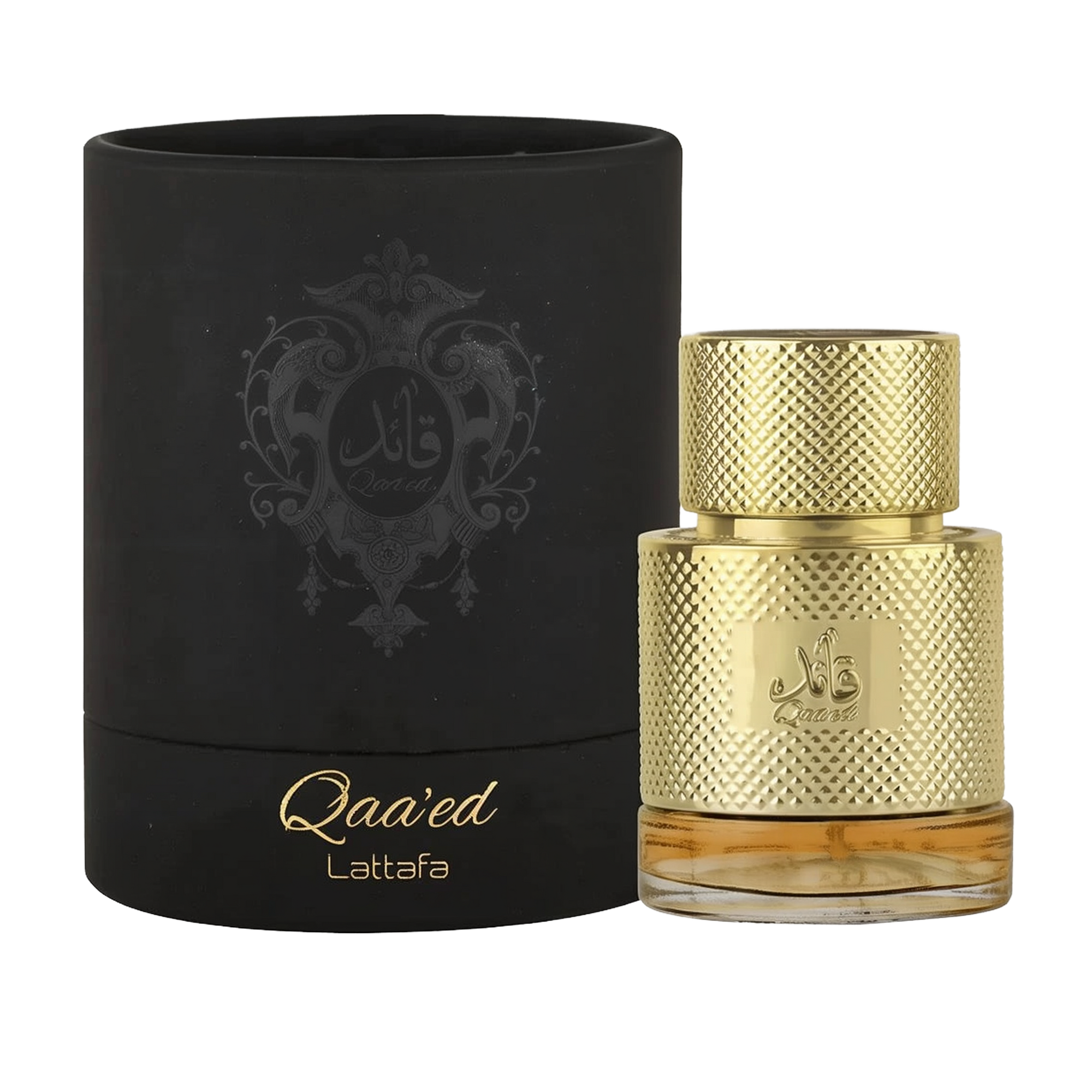 A luxurious perfume bottle for 'Qaa'ed' by Lattafa, featuring a textured gold cylindrical design with Arabic and English inscriptions on the front. The bottle sits next to a matte black cylindrical box with intricate Arabic calligraphy and decorative patt