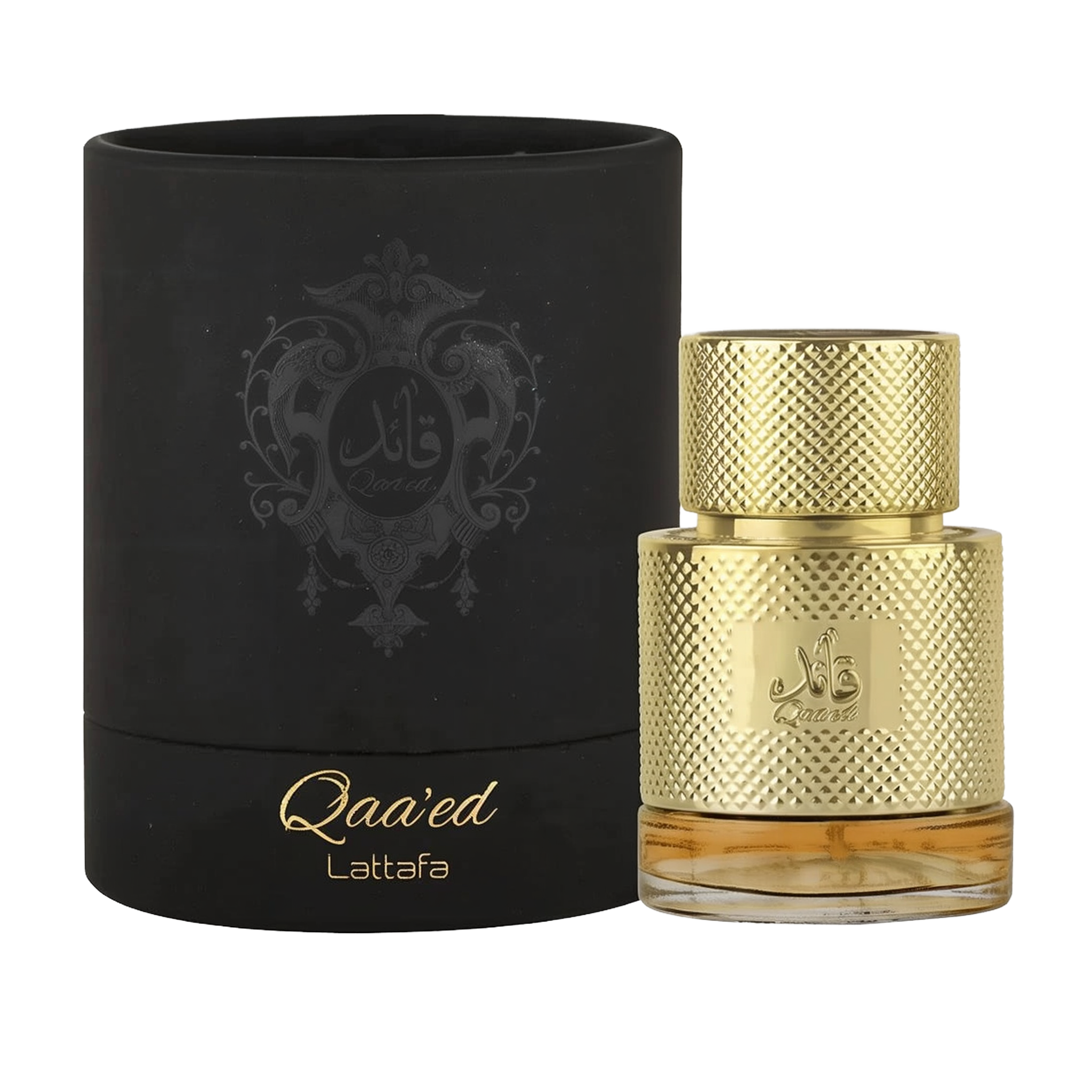 A luxurious perfume bottle for 'Qaa'ed' by Lattafa, featuring a textured gold cylindrical design with Arabic and English inscriptions on the front. The bottle sits next to a matte black cylindrical box with intricate Arabic calligraphy and decorative patt