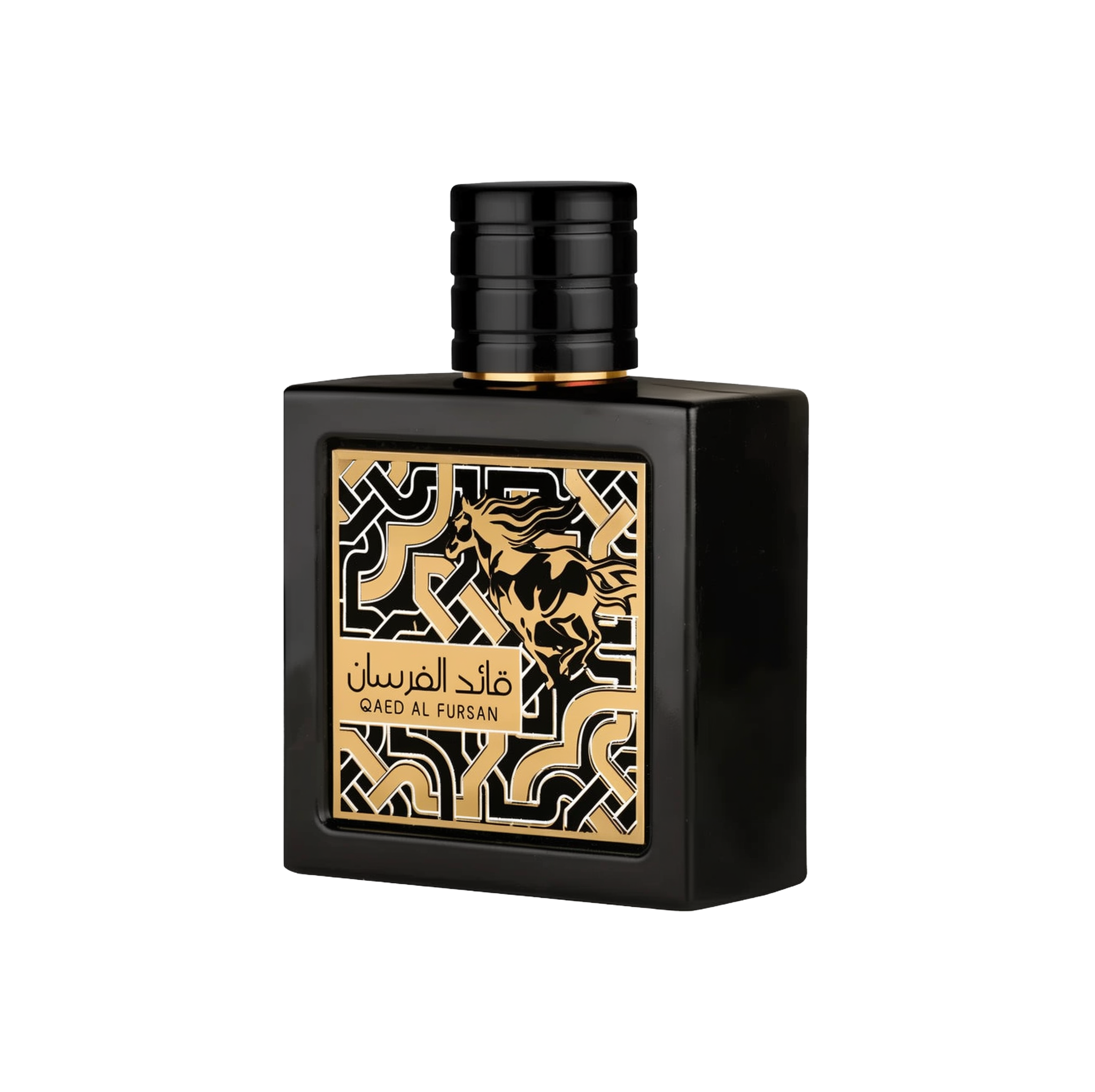 A bold and elegant bottle of Qaed Al Fursan perfume by Lattafa, featuring a sleek black rectangular design with a glossy finish. The front label showcases an intricate black and gold geometric pattern with a striking illustration of a galloping horse. The fragrance name appears in both Arabic and English in a gold block at the bottom left of the design. The bottle is topped with a cylindrical black cap with horizontal ridges, adding to the masculine and powerful aesthetic.