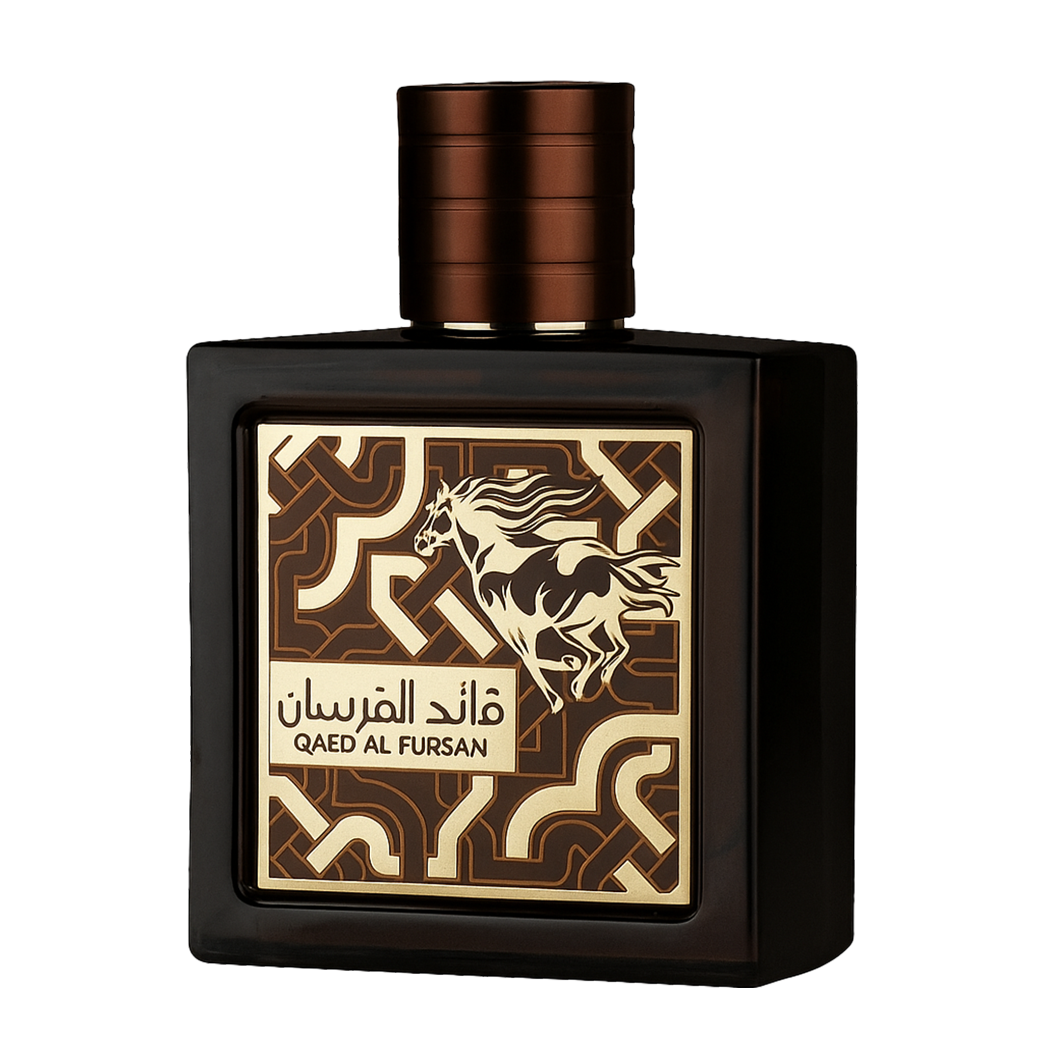 Dark brown Qaed Al Fursan perfume bottle with gold horse design.