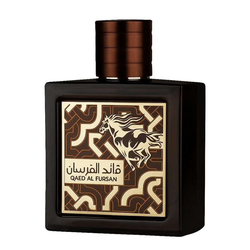 Dark brown Qaed Al Fursan perfume bottle with gold horse design.