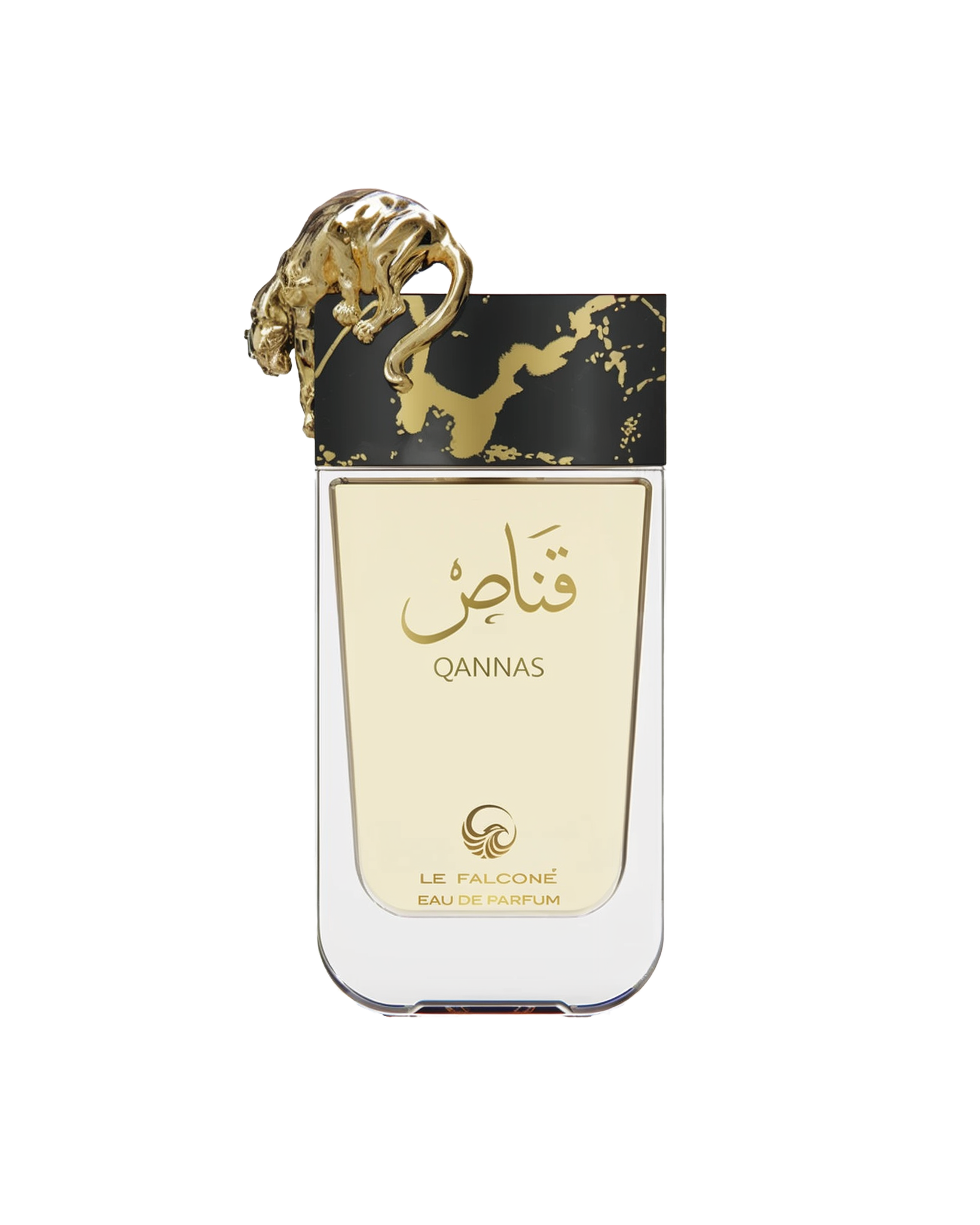 A rectangular, clear glass perfume bottle filled with pale gold liquid, featuring Arabic calligraphy and the word ‘Qannas’ in gold on the front, topped by a sculpted gold big cat, and labeled ‘Le Falcone Eau De Parfum’ at the bottom.