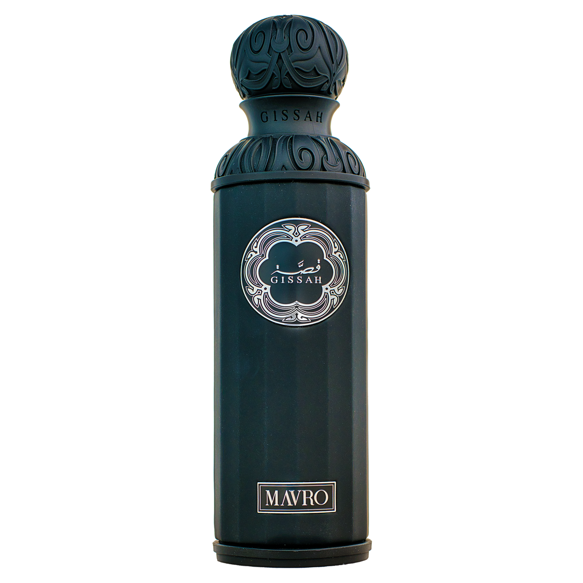 Black Gissah Mavro perfume bottle with ornate cap and silver label on plain background.