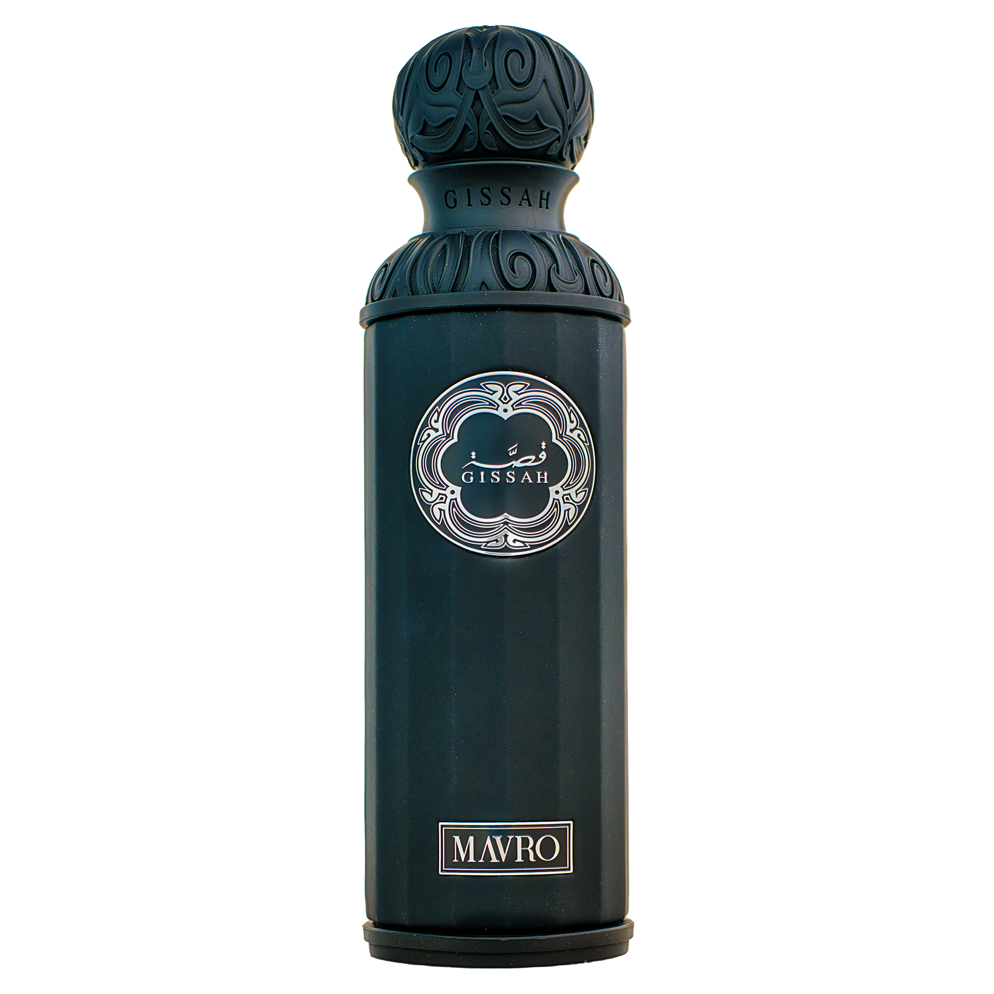 Black Gissah Mavro perfume bottle with ornate cap and silver label on plain background.