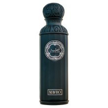 Black Gissah Mavro perfume bottle with ornate cap and silver label on plain background.