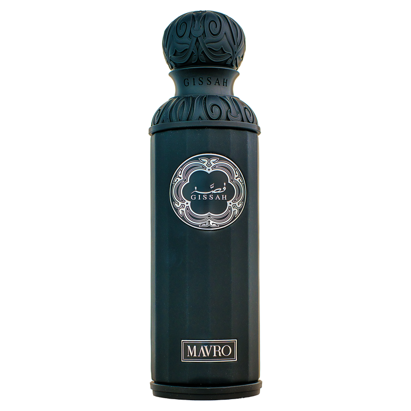 Black Gissah Mavro perfume bottle with ornate cap and silver label on plain background.