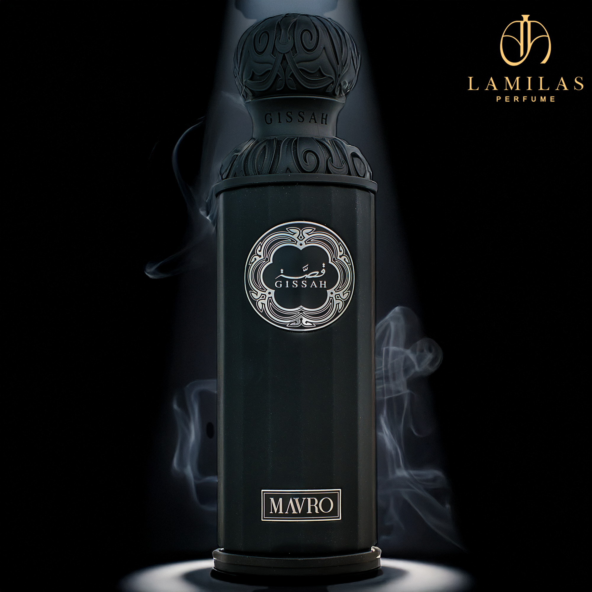 Black Gissah Mavro perfume bottle with rising smoke on dark background.