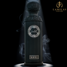 Black Gissah Mavro perfume bottle with rising smoke on dark background.