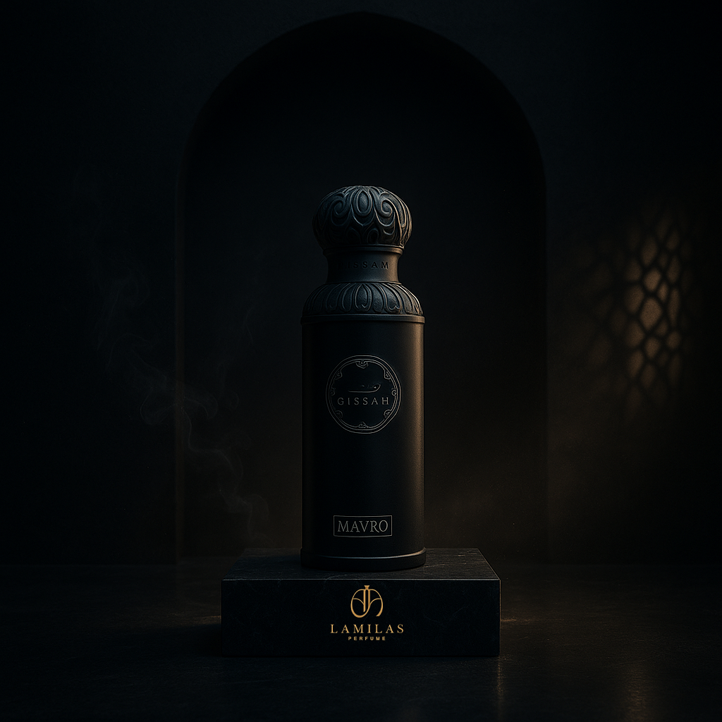 Black Gissah Mavro perfume bottle on Lamilas stand with dramatic shadowed arch.