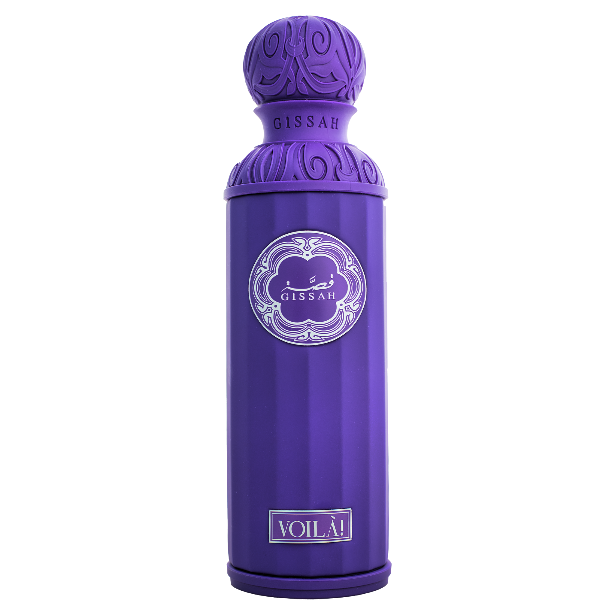 Purple Gissah Voilà perfume bottle with ornate cap on plain white background.