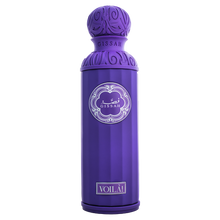 Purple Gissah Voilà perfume bottle with ornate cap on plain white background.